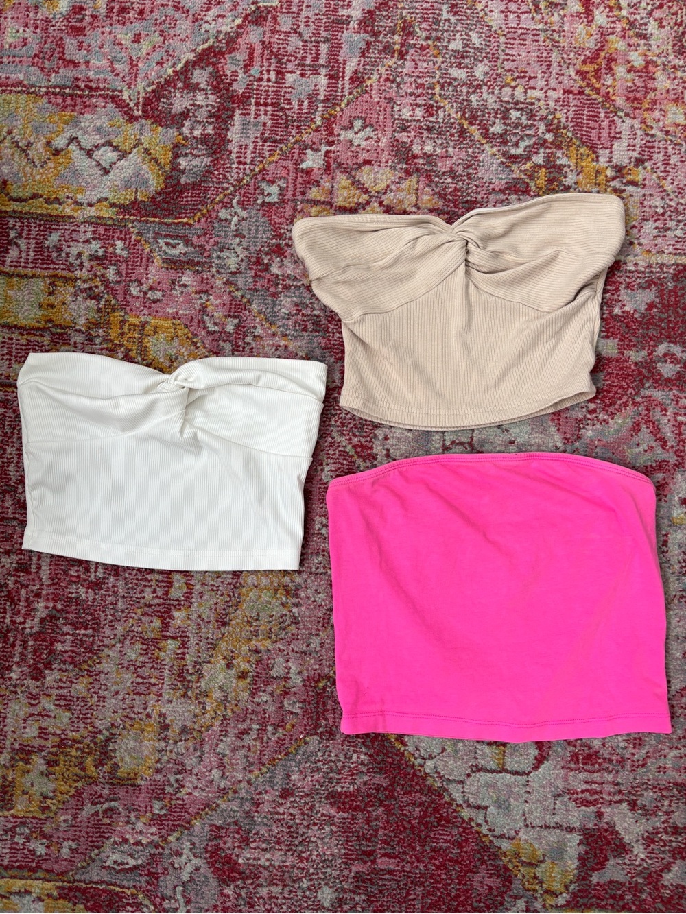 Three Strapless Tube Tops - White, Beige & Hot Pink